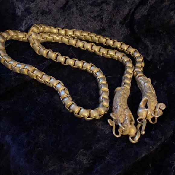 Antique Jewelry - Antique double dragon Asian silver necklace